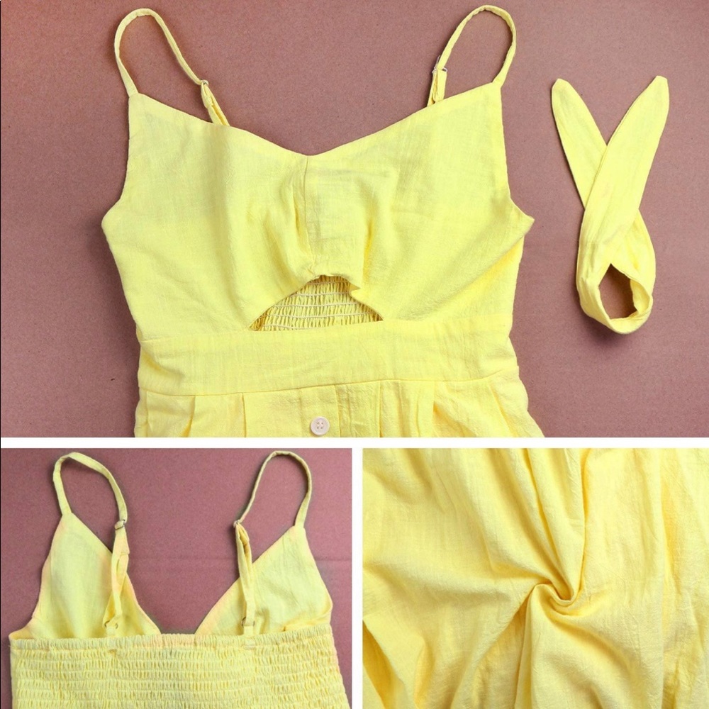 Yellow Tie Front Button Down Spaghetti Strap Midi Dress